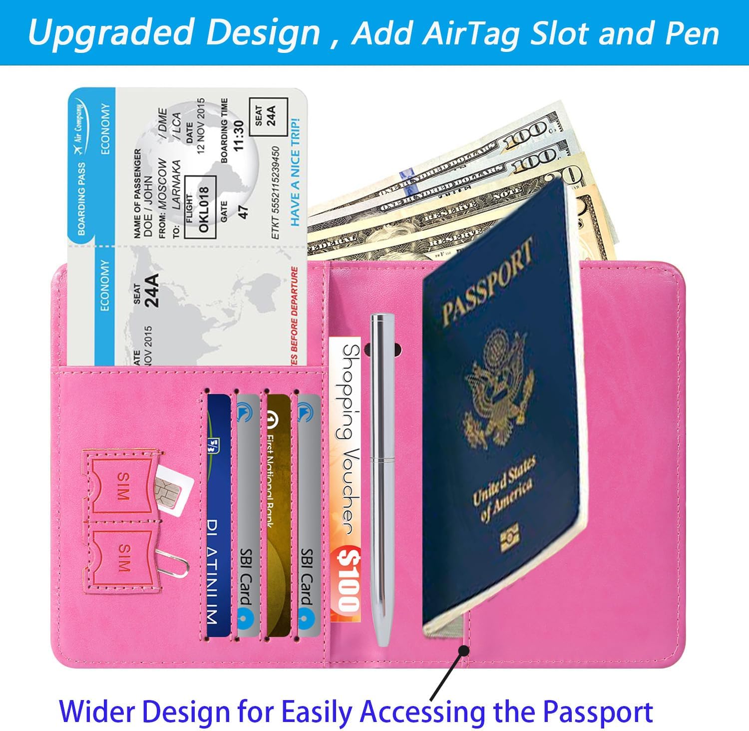 Airtag Passport Holder Cover Wallet Travel Essentials RFID Blocking Leather Card Case International Must Haves Travel Accessories for Women Men(119#Pink) - Image 3