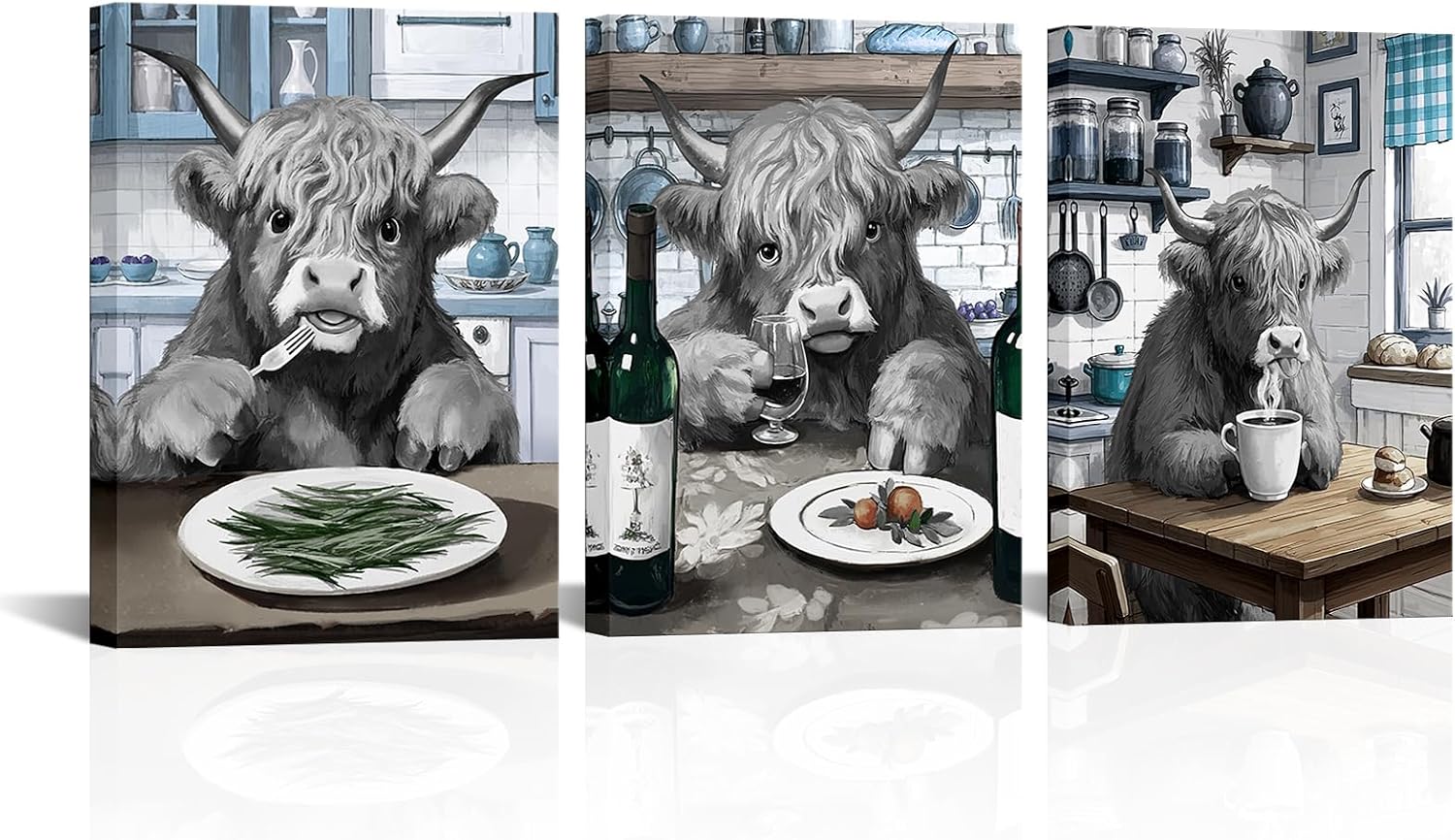 NutArtPic Highland Cow Kitchen Wall Art, 3 Piece Canvas Print Set, Funny Dining Room Decor, Black and White with Blue Accents 12''x16'' Each Piece