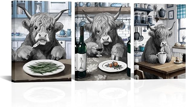 NutArtPic Highland Cow Kitchen Wall Art, 3 Piece Canvas Print Set, Funny Dining Room Decor, Black and White with Blue Accents 12x16 Each Piece