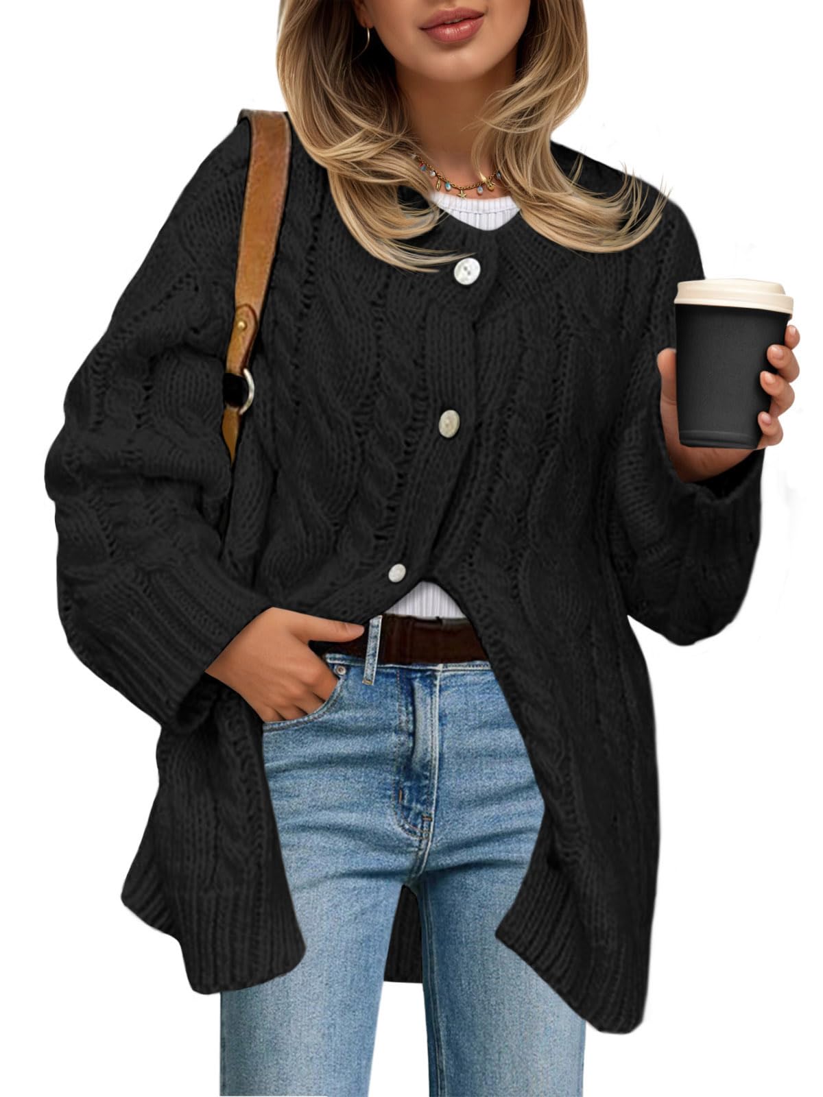Saodimallsu Womens Cable Knit Cardigan Sweaters Chunky Button Up Long Sleeve Crew Neck Warm Loose Sweater Dress