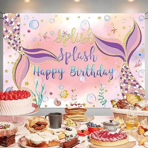 Miniatura 3 de Cartel de fondo de sirena para fiesta de cumpleaños con temática de sirena bajo el mar, decoración de fiesta de cumpleaños con temática de sirena