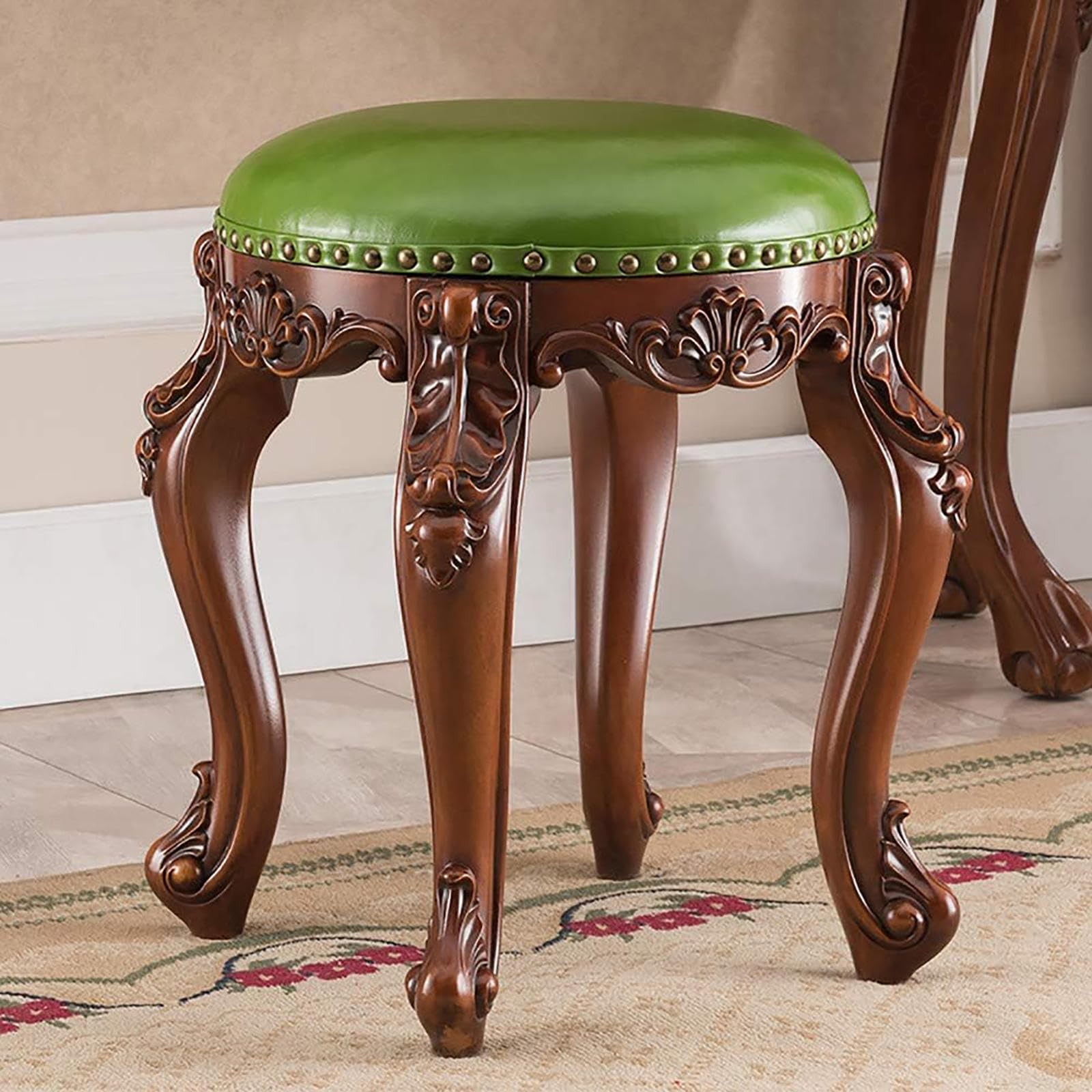 JIOWEUOE Poggiapiedi rotondo in pelle, stile medievale, con cuscini; sgabello in pelle; sgabello per camera da letto in rovere massiccio con quattro gambe in legno; sgabello decorativo in stile