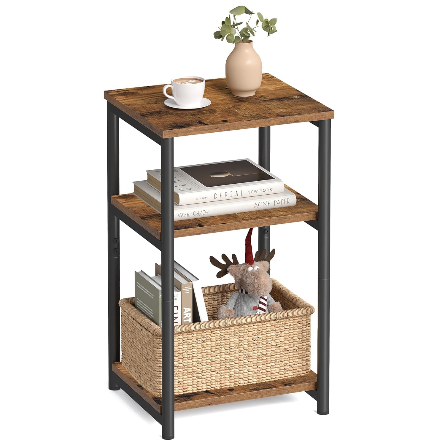Priti End Table, 22" Long Side Table with 3 Tier Storage Shelves, Industrial Rustic Accent Skiny Slim Couch Beside Table for Small Spaces, Small Hallway Table Rustic Brown-image-46
