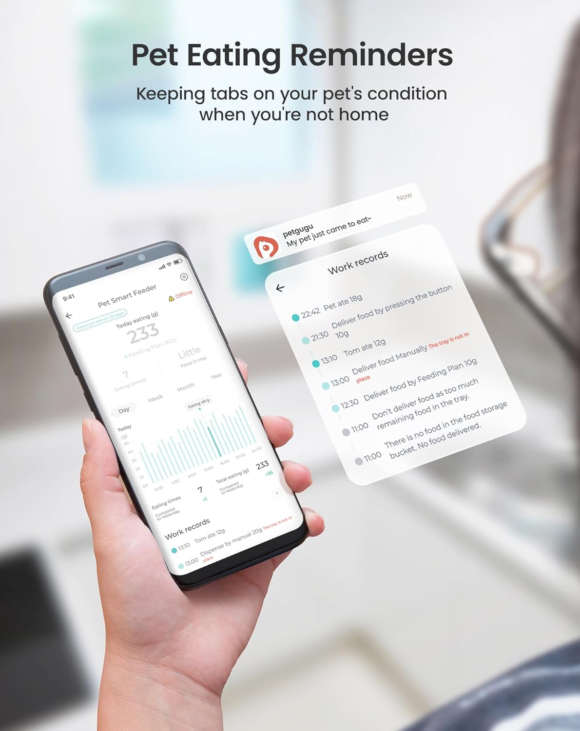 Dog eating from PETGUGU feeder with daily schedule on phone