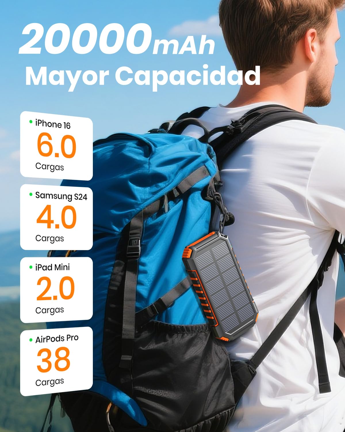 Cargador-Solar-Power-Bank-20000mAh - A ADDTOP 22,5W USB C Carga Rápida Batería Externa Inalámbrica con 2 Cables Integrado y Linternas, Cargador Portátil para Teléfono Tabletas (Naranja)