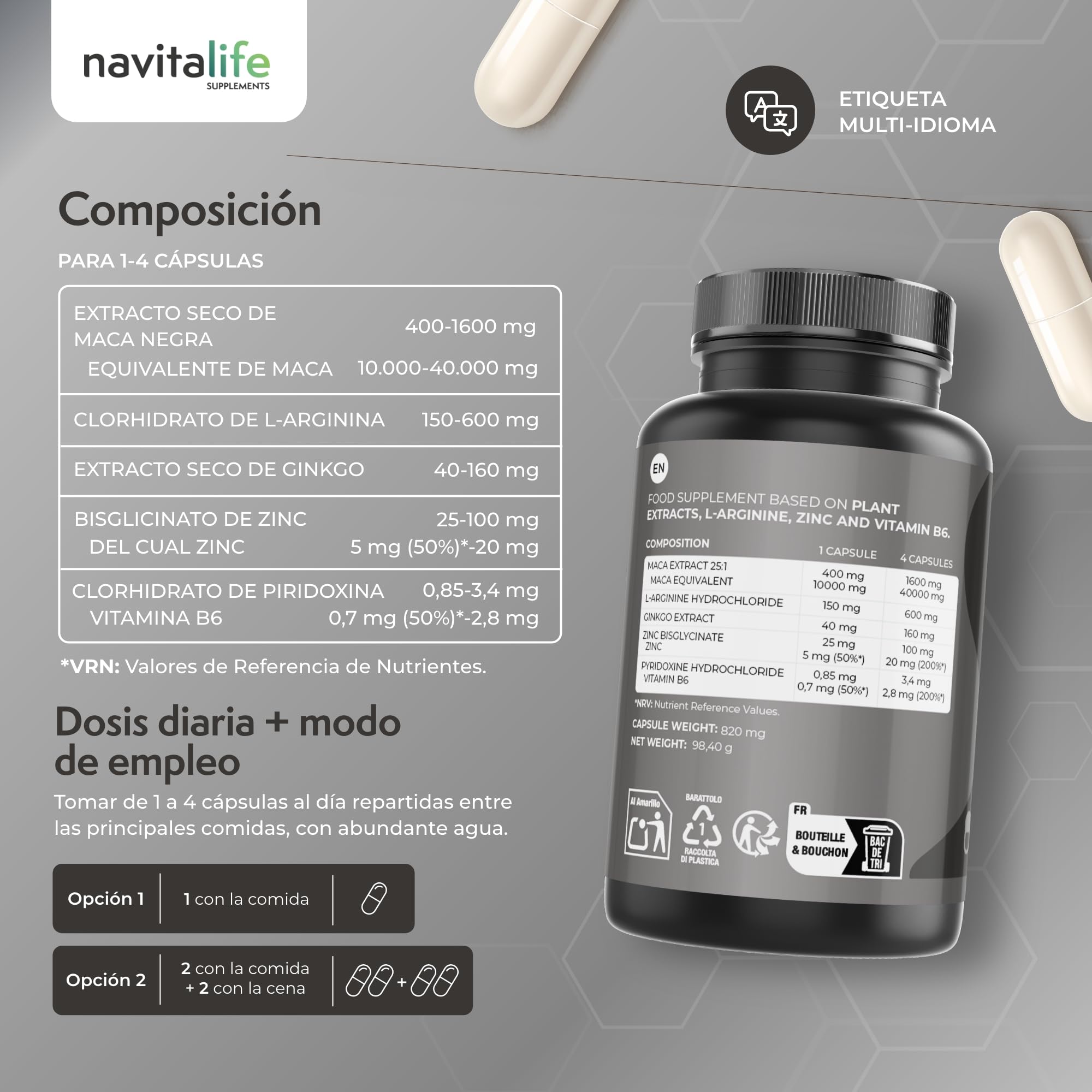 Maca Negra Peruana Andina Ultra concentrada 40.000mg Extracto 25:1 | Alta Pureza Sin Metales Pesados | L-Arginina, Zinc, Ginkgo Biloba y Vitamina B6 | Potencia tu Energía y Vitalidad | 120 cápsulas