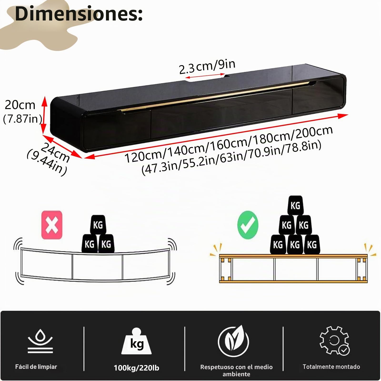 Mueble de TV Colgante de Madera Maciza, Estante Flotante Moderno con 2 Cajones, Orificios para Cables, Bordes Redondeados, Salón Dormitorio (A Negro, 140CM)
