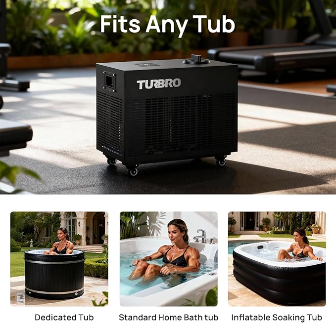 TURBRO 1 HP 9,300BTU, Cold Plunge Chiller, Smart Ice Bath Water Chiller with Schedule Timer, Dual Filters and Ozone Generator, Wheels, Handles, Insulated Pipes, for Athlete Recovery and Therapy, F85
