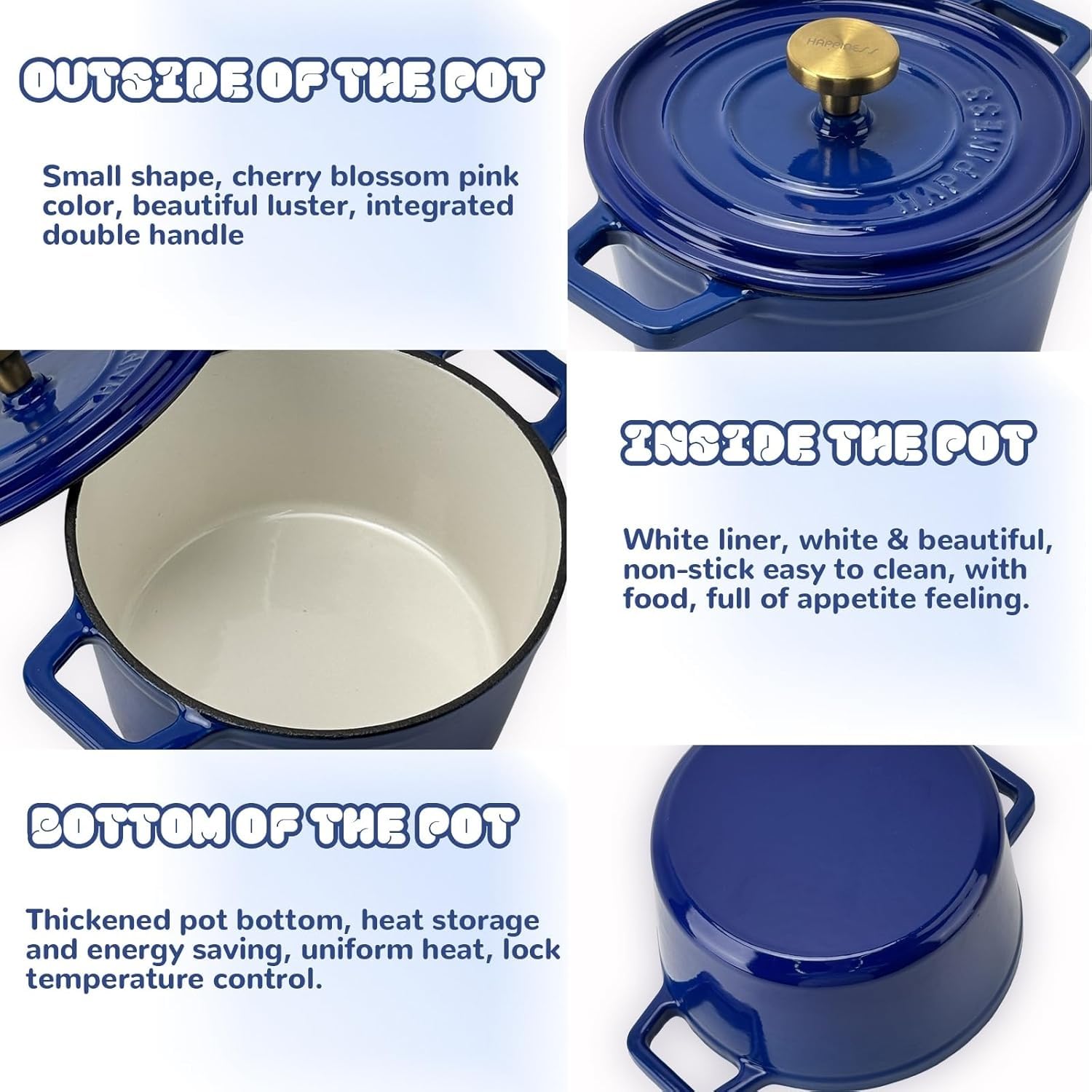 Olla De Hierro Fundido, Cocotte Tradicional Antiadherente De Hierro Fundido Esmaltado Con Tapa Y Asas Dobles, Olla Resistente Y Segura Con Distribución Uniforme Del Calor(Blue,24cm/9.45in)