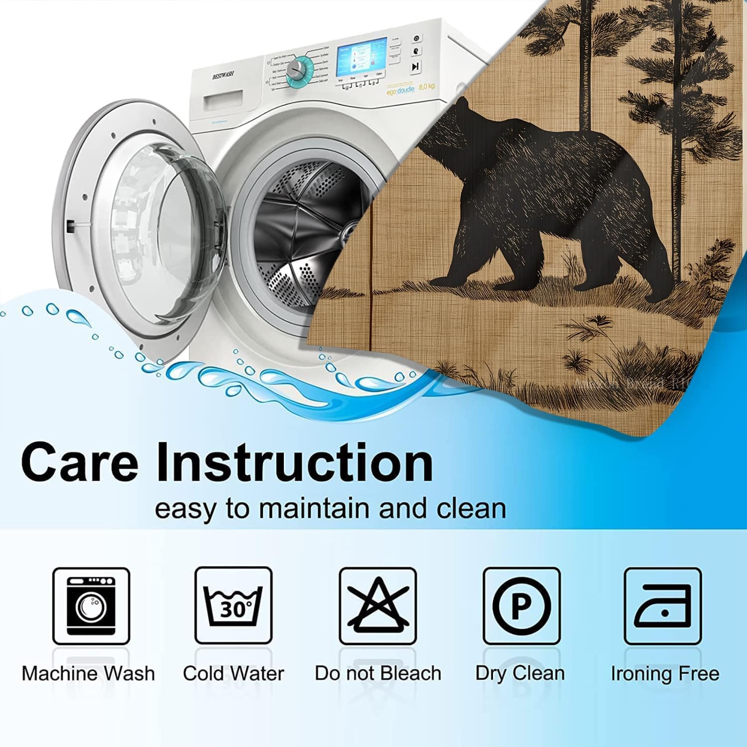 Black Bear Boy Girls Blackout Curtains, Wildlife Woodland Vintage Rustic Coniferous Forest Cartoon Animal, 2 Panel Rod Pocket Thermal Insulated Drapes for Bedroom Living Kids Room Deco 42x63 inch