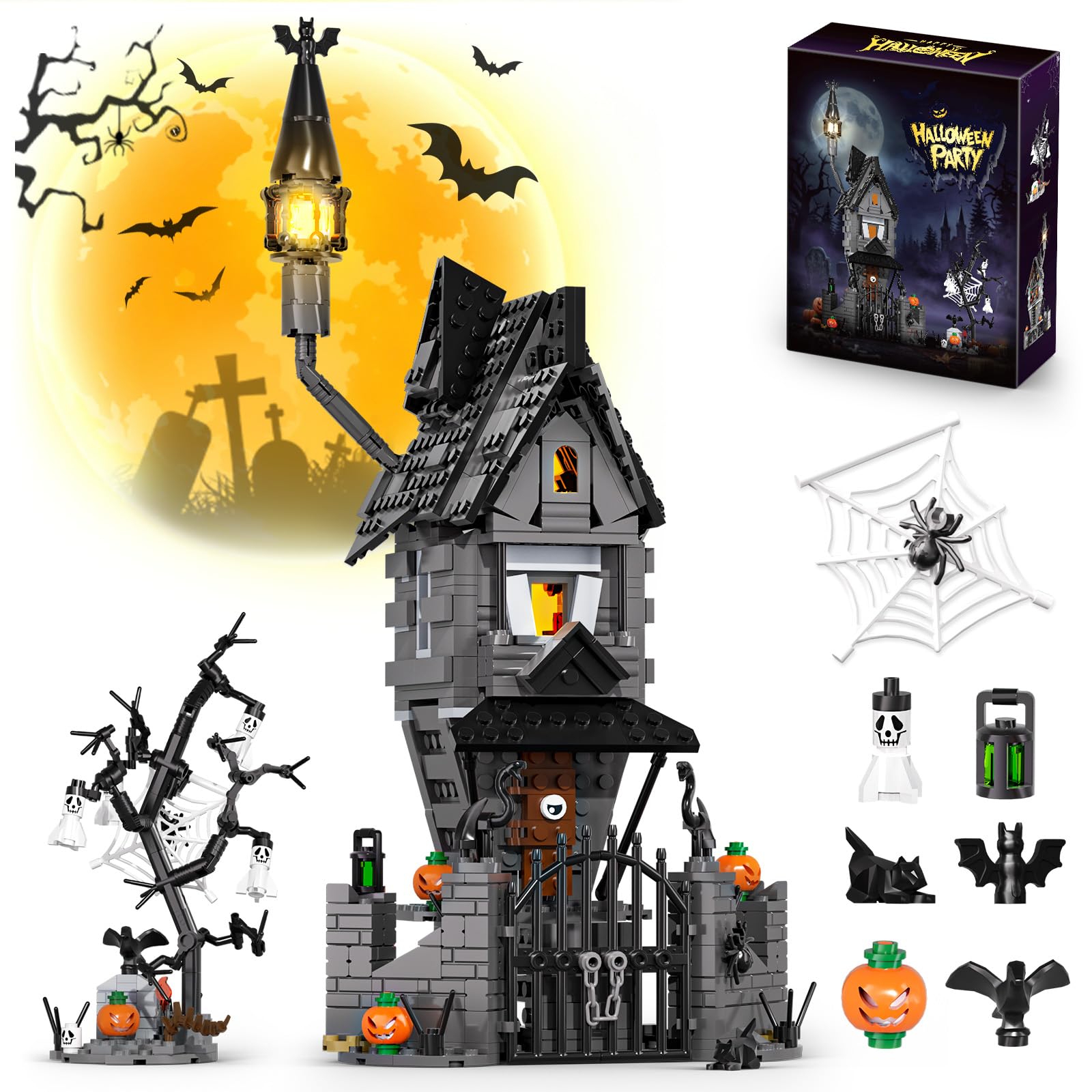 2026 Halloween Haunted Mansion Building Set,Before Xmas Haunted House Building Blocks Set with Light, Glow-in-The-Dark Pumpkins and Skeleton Ghosts, Halloween Toys Gifts for Adults & Kids