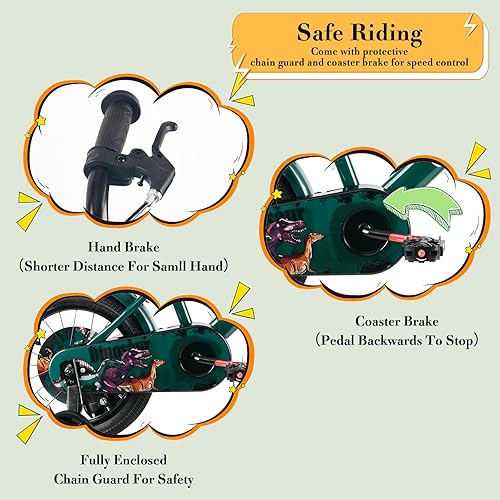 Miniatura 4 de RULLY - Bicicleta de dinosaurio para niños de 12, 14, 16 pulgadas, estilo BMX con ruedas de entrenamiento, bicicletas para niños y niñas de 2 a 7