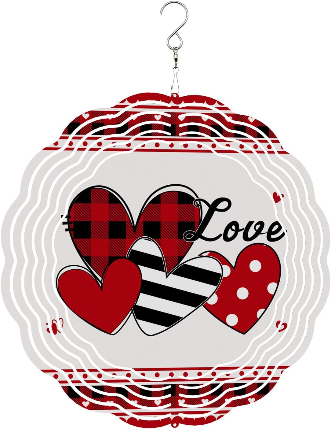 Love Heart Valentine's Day Wind Spinners for Yard and Garden, Metal Wind Spinner Hanging for Outdoor Indoor, Red Stripes Plaid Porch Garden Wind Sculptures Spring Summer Ornament Spinner 10inch(Round)