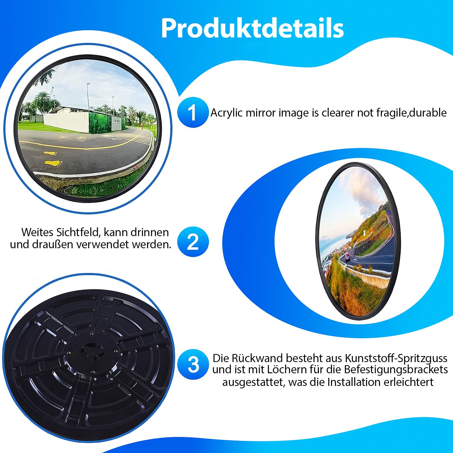 60 cm Konvexspiegel Schwarz – Verstellbarer Verkehrsspiegel für Innen- & Außenbereich – Weitwinkel Acrylspiegel für Garage, Einfahrt, Straße, Lager & Büro (60cm-Schwarz)