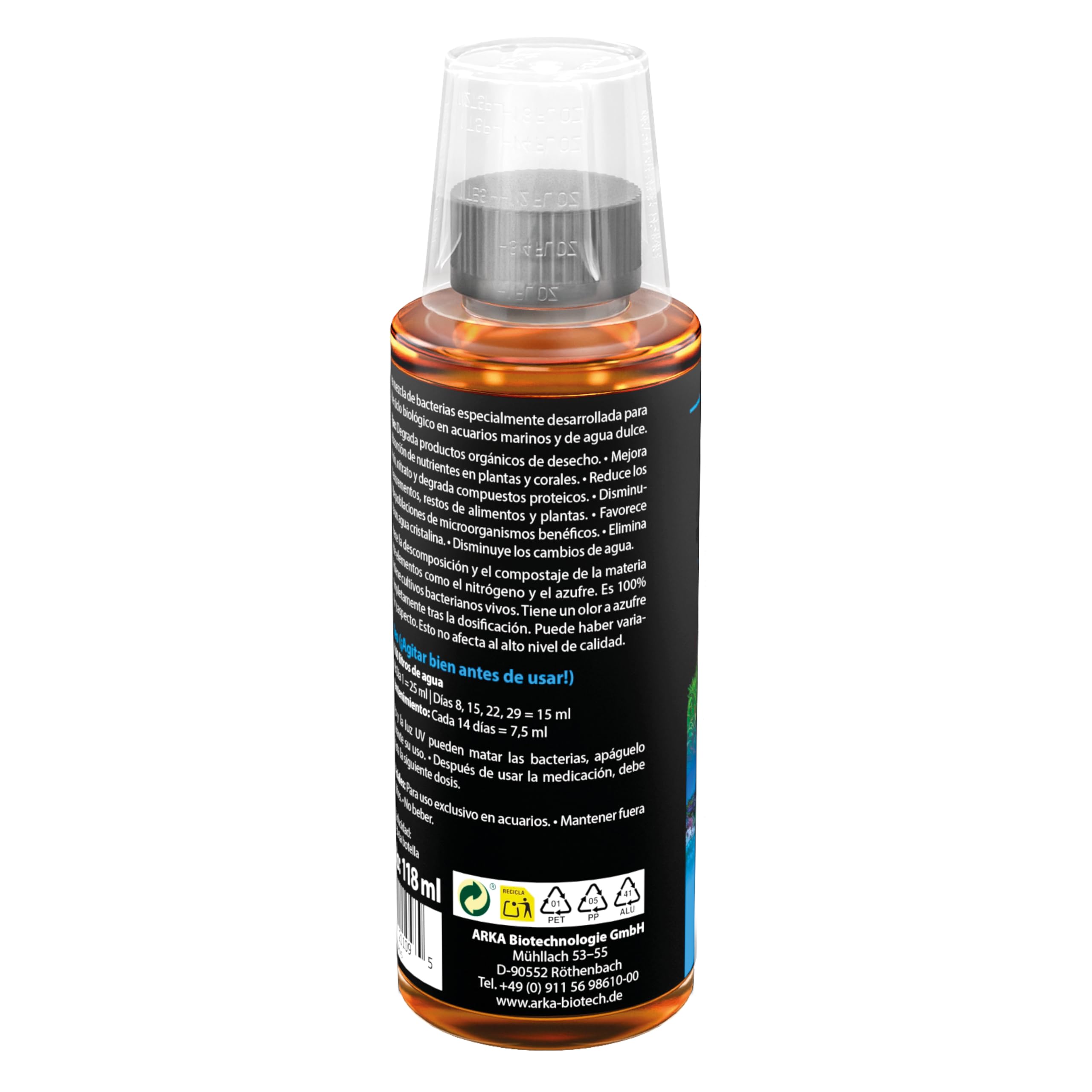 Bacterias Acuario 118 ml – ARKA Special Blend – Elimina nitratos y residuos orgánicos – Agua cristalina sin Olor – Dulce y Salado – fórmula biológica Premium para un ecosistema Estable