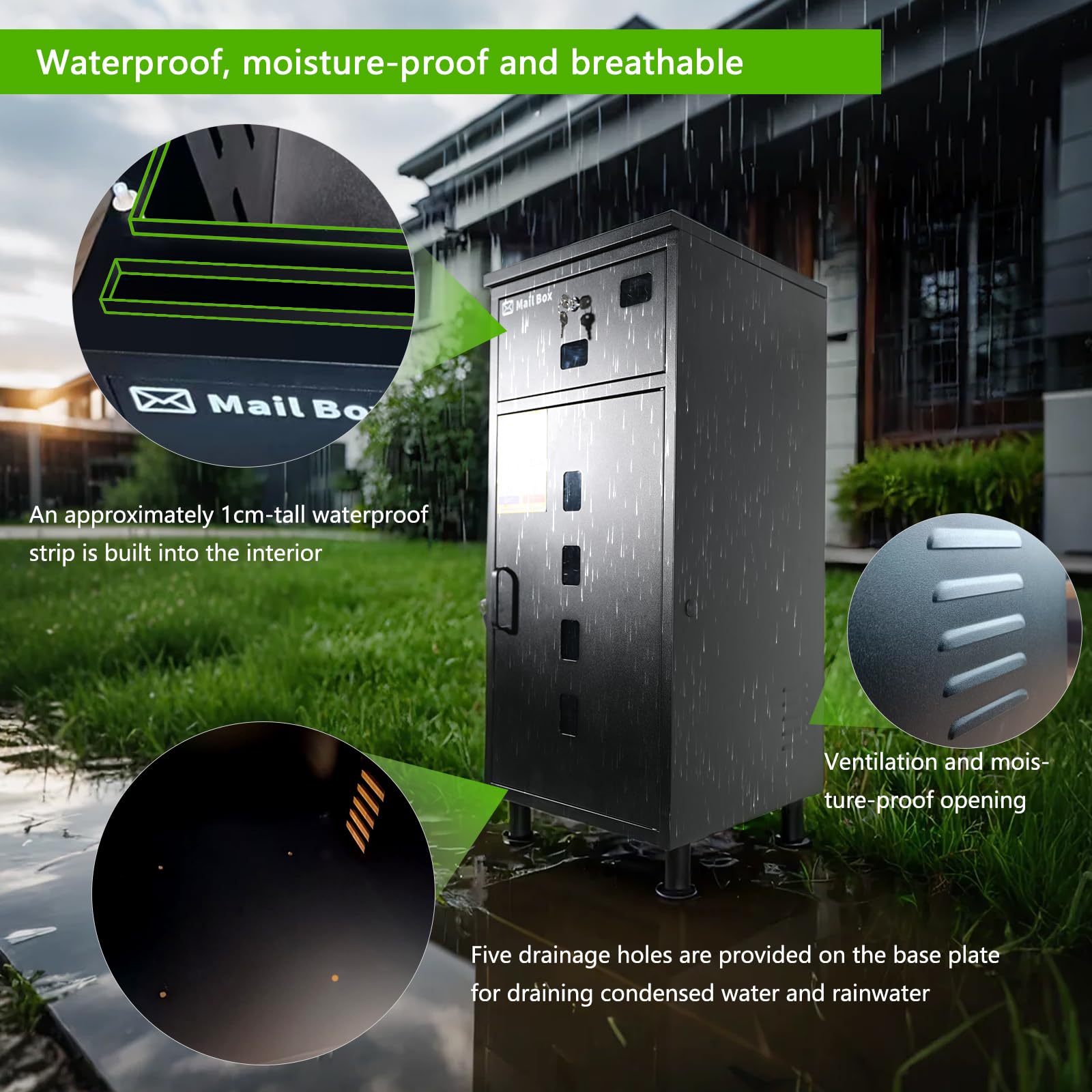 buzon+para+paquetes850x400x400mmBloqueable, antirrobo, Base Ajustable, Resistente a la Lluvia y a la oxidación.Servicios de Entrega de Correo y paquetería a Domicilio