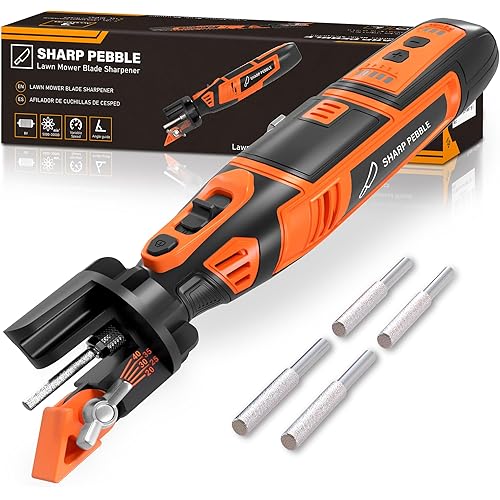 Sharp Pebble Cordless Lawn Mower Blade Sharpener – Adjustable 20°- 40° Angle Guide-Rotary Tool with Replaceable Sharpening Wheel Bits & Fast Rechargeable Battery – Effortless Precision for Lawn Care