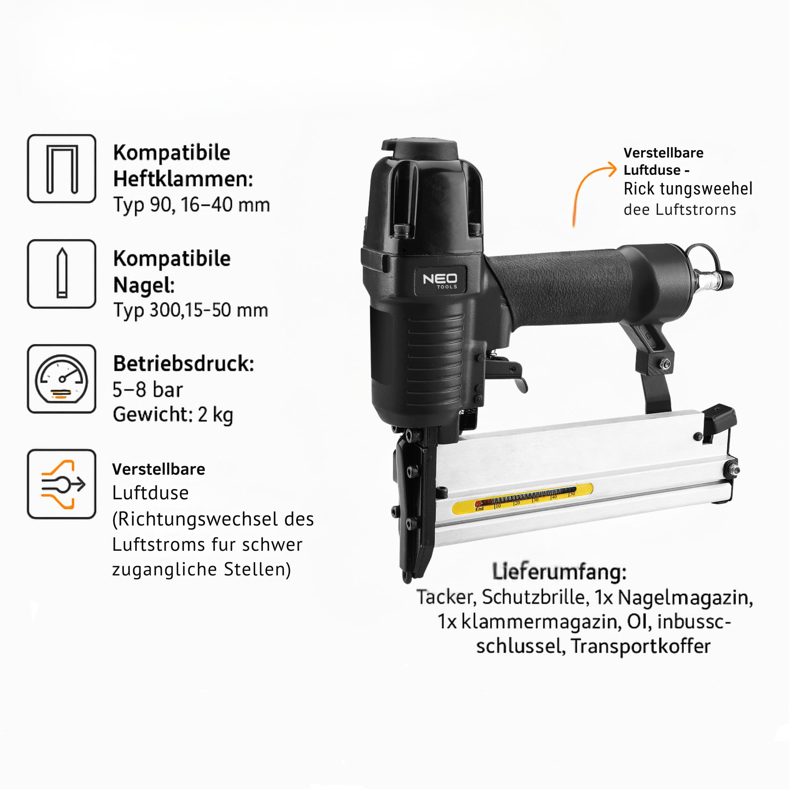 NEO TOOLS Drucklufthefter 6-16mm/10-40mm/15-50mm, Heftklammern