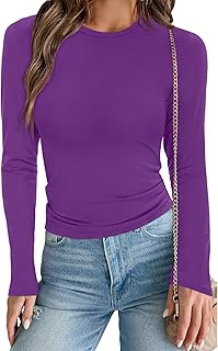 Womens Long Sleeve Shirts Basic Tees Y2k Slim Fit T Shirt Crew Neck Trendy Crop Top Casual