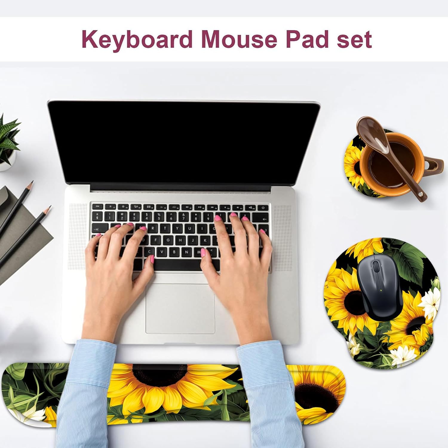 Keyboard Wrist Rest and Mouse Wrist Rest Pad with Cup Coaster,Made of Memory Foam,Ergonomic Support,Easy-Typing and Pain Relief,for Gaming Office Home Computer,Nice Sunflowers Floral