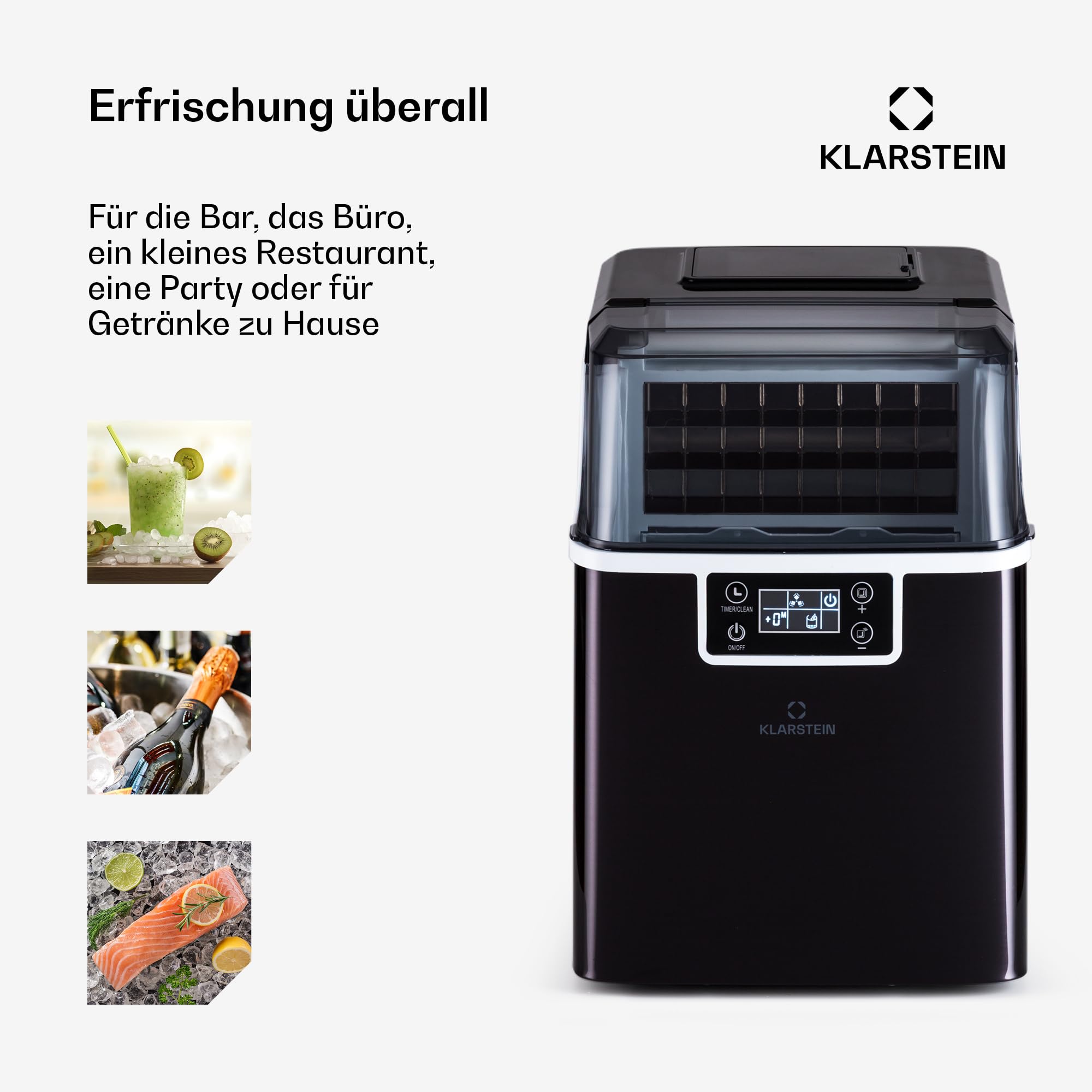 Klarstein Eiswürfelmaschine für Zuhause Camping Gastro, Schnelle Mini , Profi Eismaschine für Große Kleine Klare Eiswürfel, Selbstreinigend mit 3,2L Eiswürfelbehälter, 20kg/24h