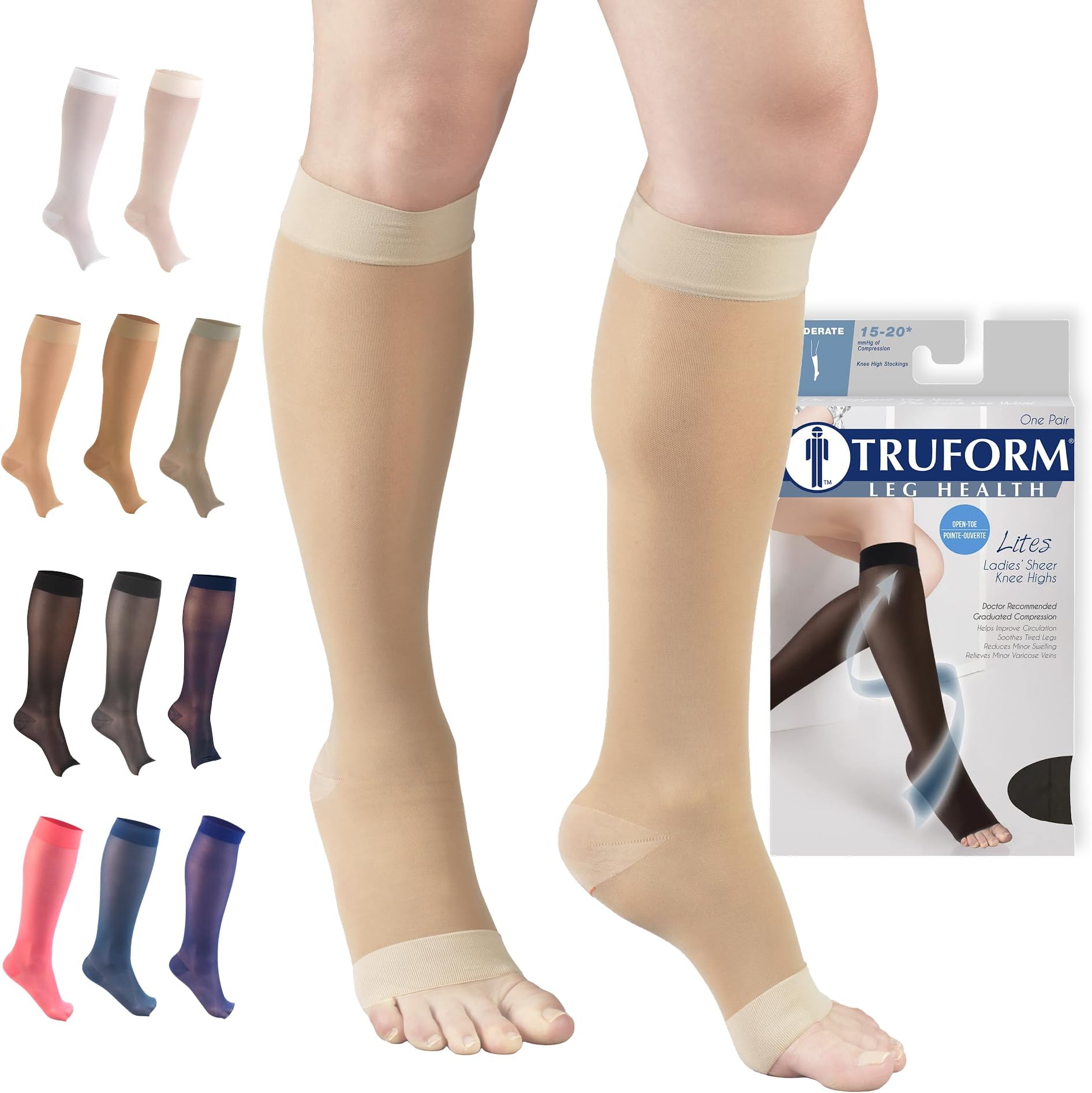 Sheer Compression Stockings, 15-20 mmHg, Women's Knee High Length, Open Toe, 20 Denier, Medium