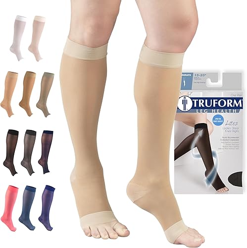 Truform - Calcetines de compresión traslúcidos, 15-20 mmHg, para mujer, hasta la rodilla, puntera abierta, 20 Denier, color nude, talla 2XL