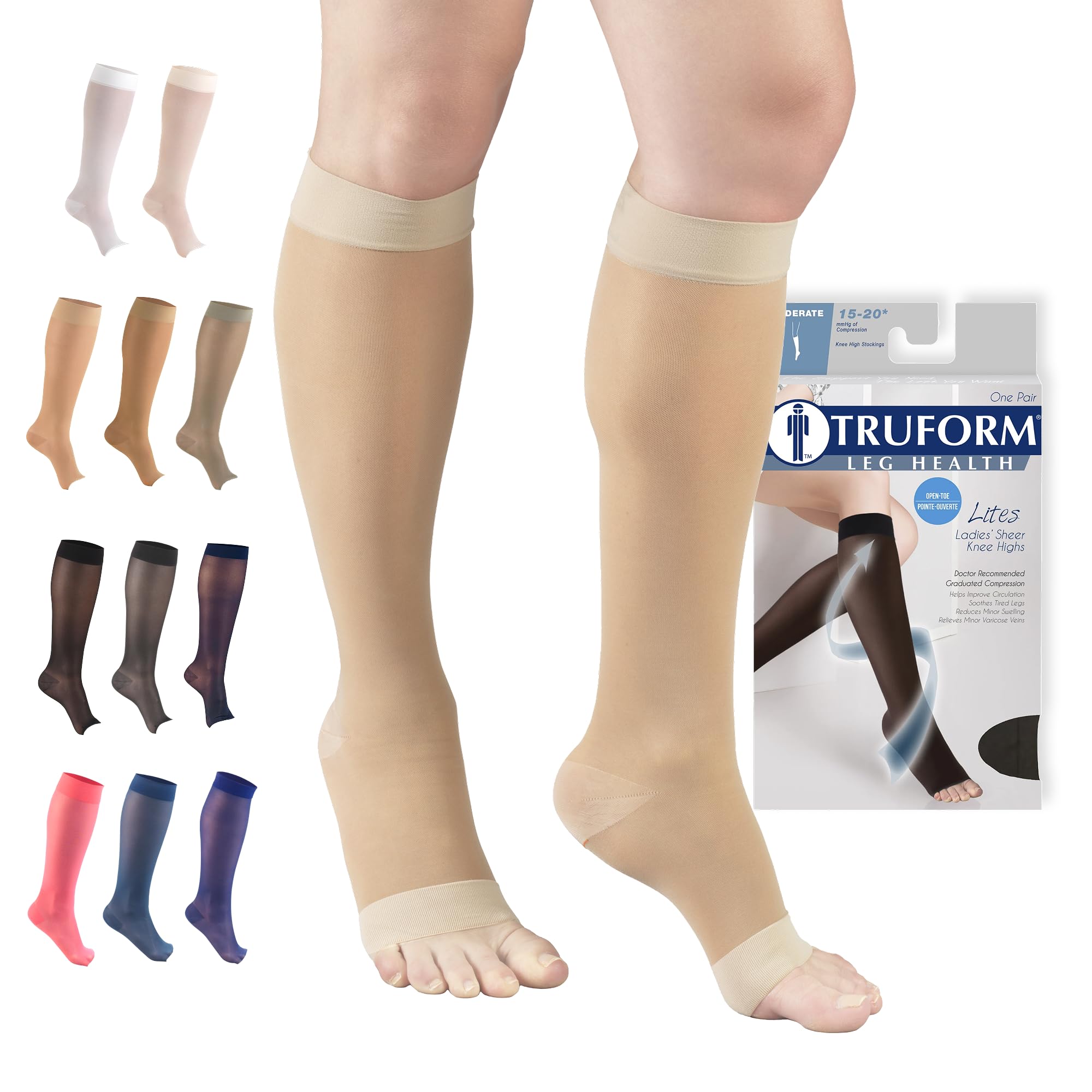 Truform Sheer Compression Stockings, 15-20 mmHg, Women's Knee High Length, Open Toe, 20 Denier, Medium