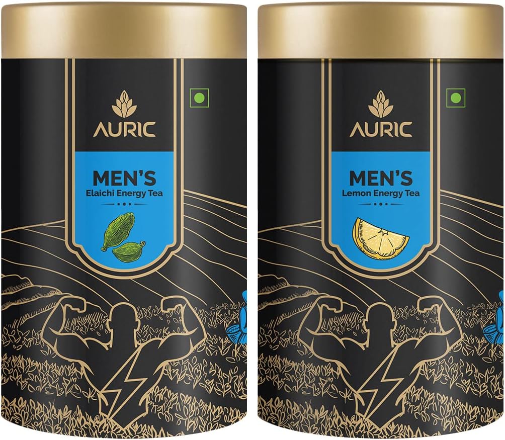 Auric Tea for Men's Energy with Pure Shilajit Resin to Boost Stamina & Sports Performance | Ayurvedic Herbs such as Ashwagandha, Gokshura, Safed Musli | Taste of Elaichi / Lemon | 50 sachets
