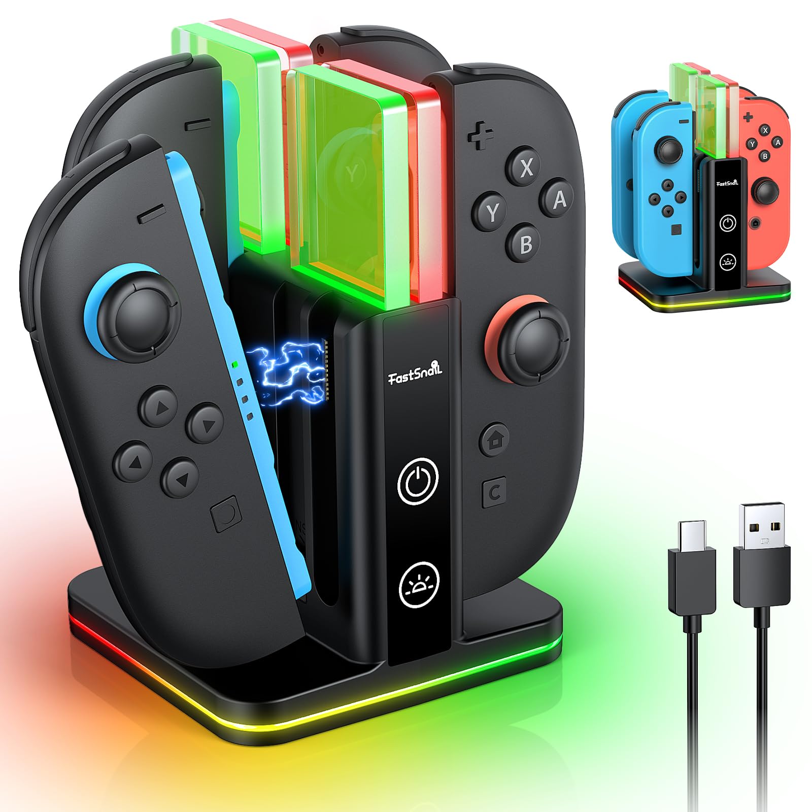 FASTSNAIL Switch Controller Charger for Nintendo Switch 2/1/OLED 64 Games | 8 in 1 Fast Controller Charging Dock, Dual-Direction Magnetic Charger Station Stand, 9 RGB Light for Joycon 2/1 Accessories