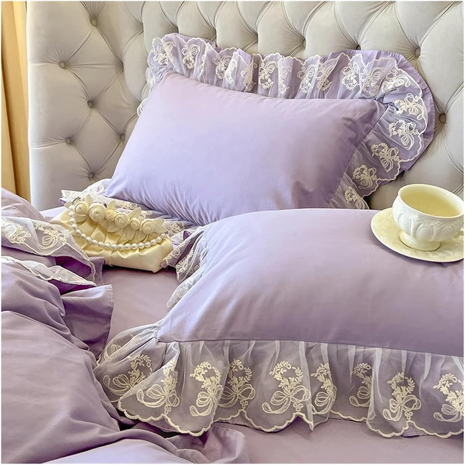Cotton Pillow Cover Lace Pillowslip Cushion Covers Ruffled Pillow Cases for Pillow(Purple)