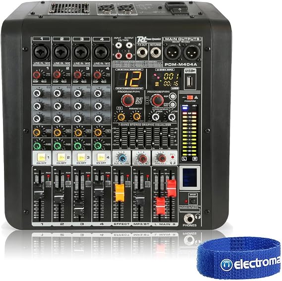 Power Dynamics PDM-M404A 4-Channel Powered PA Mixer with Built-in 400W Amplifier, USB MP3 Player, Bluetooth Audio Streaming & Multi-FX DSP Processor
