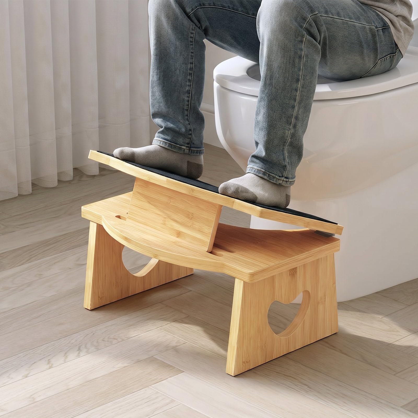 HOOBRO Taburete Plegable de Bambú para Inodoro, Taburete Fisiológico para Baño, Antideslizante, sin Necesidad de Montaje, Color Bambú Natural y Negro EYL03FP01