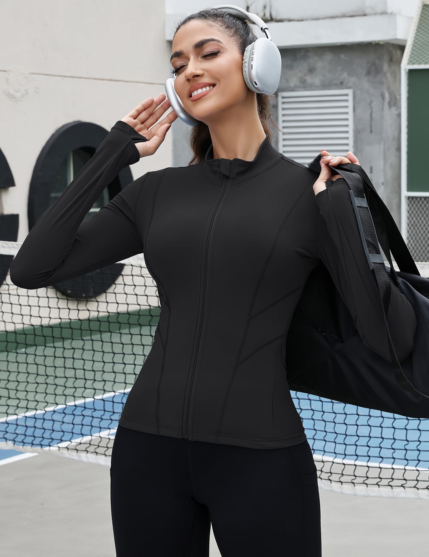 Rapbin Haut de sport à manches longues pour femme - Veste de course à pied respirante avec poches latérales zippées et trous pour les pouces