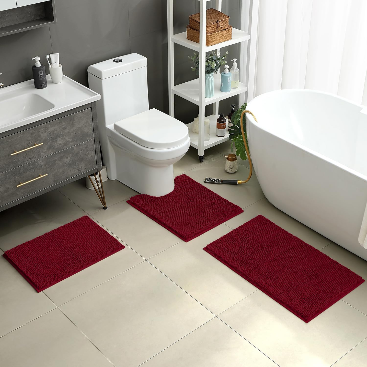 HOMEIDEAS 3 Pieces Bathroom Rugs, Ultra Soft Non Slip Absorbent Chenille Toilet Bath Mat Set (Burgundy) - Image 3
