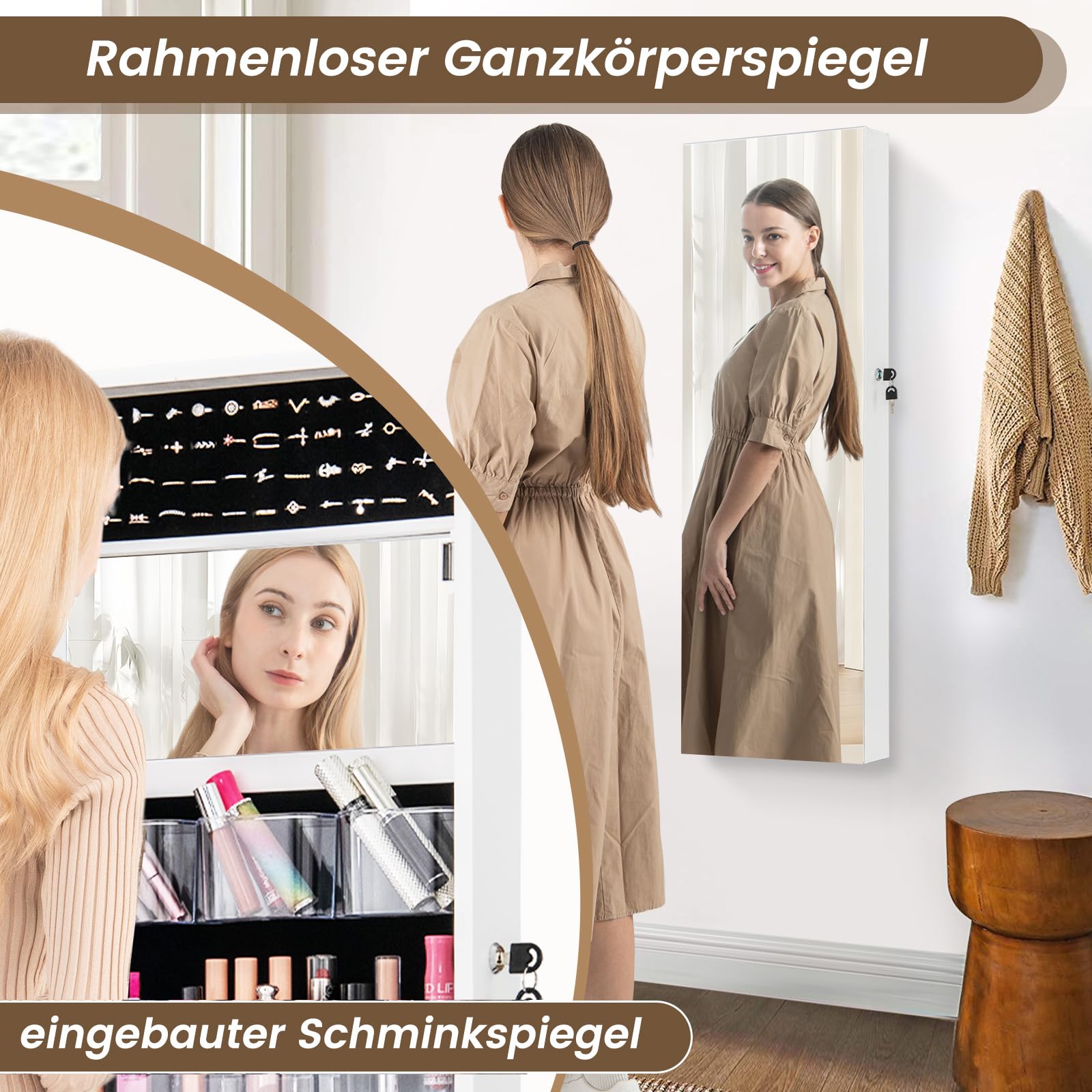 COSTWAY Schmuckschrank hängend, 2 in 1 Wandspiegel & Schmuck Organizer, Spiegelschrank abschließbar, Schminkschrank mit 2 Spiegel, Tür- / Wandmontage, verstellbare Haken (Weiß)