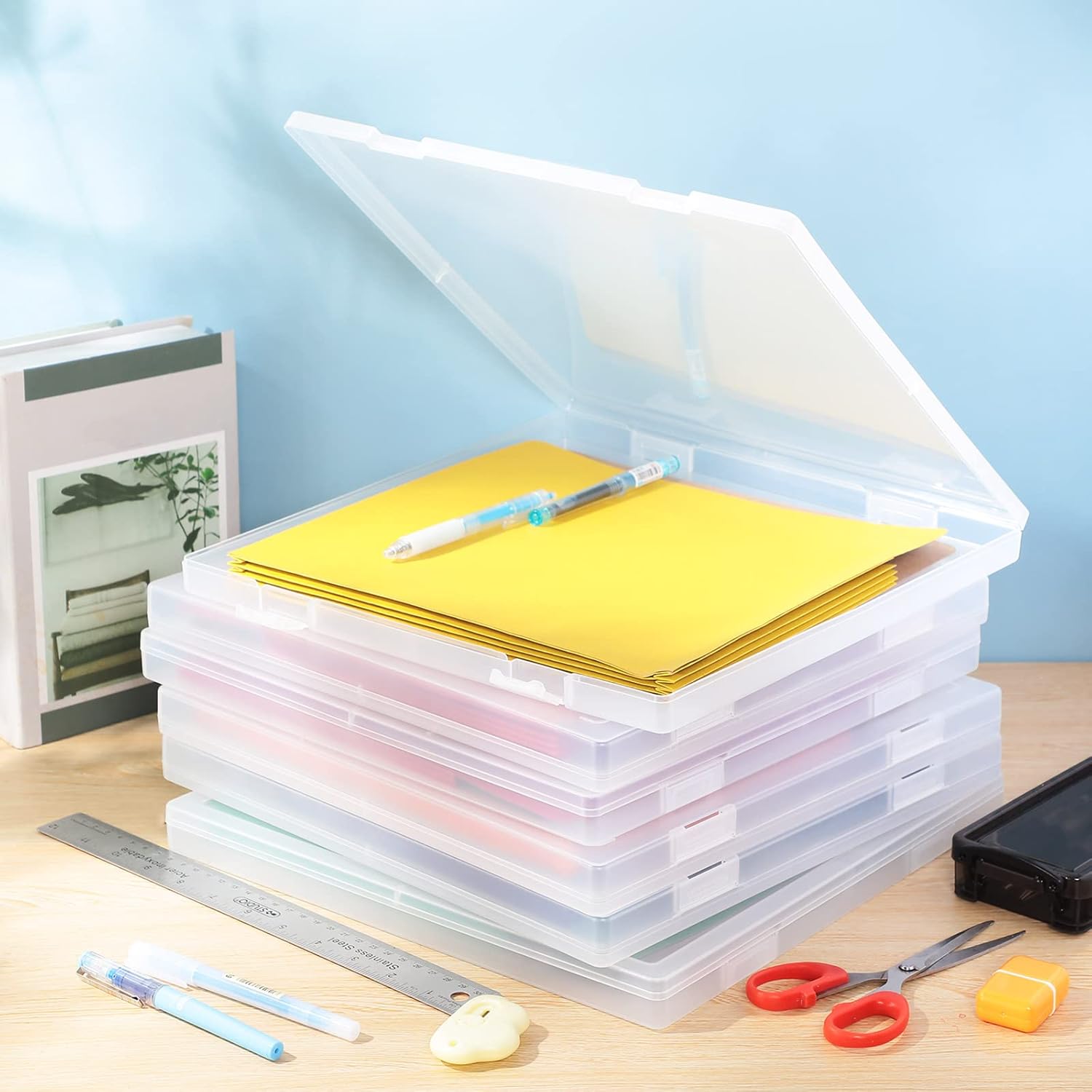 Kosiz 6 Pcs 12 x 12 Inch Paper Storage Case Plastic Scrapbook Storage Box Portable Transparent Organizer Containers Clear Slim Project Case for Documents Photo File Magazines Office School Supplies