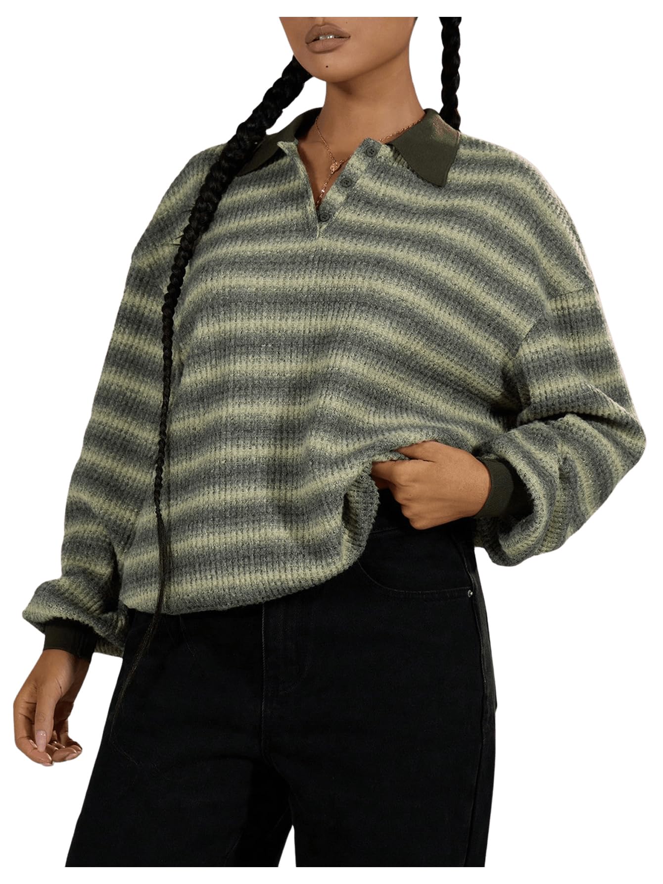 GORGLITTER Womens Oversized Striped Polo Sweater Collared Long Sleeve Y2k Preppy Vintage Aesthetic Knitted Rugby Shirt