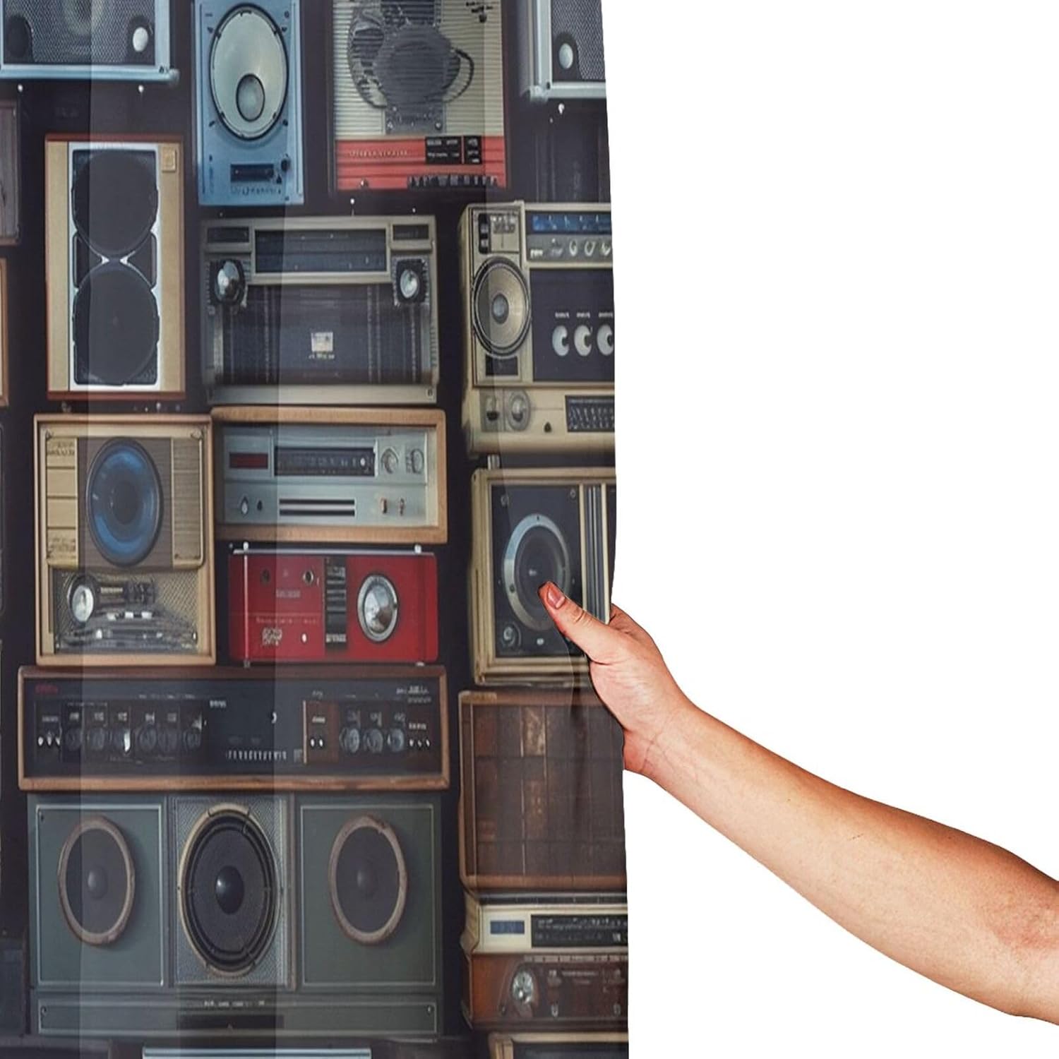 Vintage Wall of Radio Boombox Shower Curtain with 12 Hooks Modern Aesthetic Bath Curtain Heavy Duty Waterproof Fabric Shower Curtain for Bathroom Bathtubs Decor 72x72 Inches