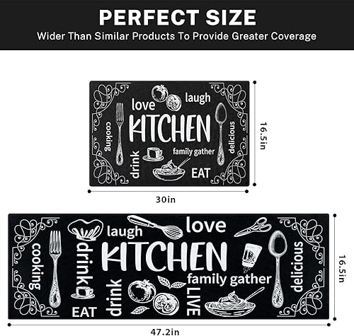 Miniatura 3 de Arttown Juego de 2 alfombras y tapetes de cocina color negro, antideslizantes, lavables, color blanco, para piso, caricaturas, divertidas,