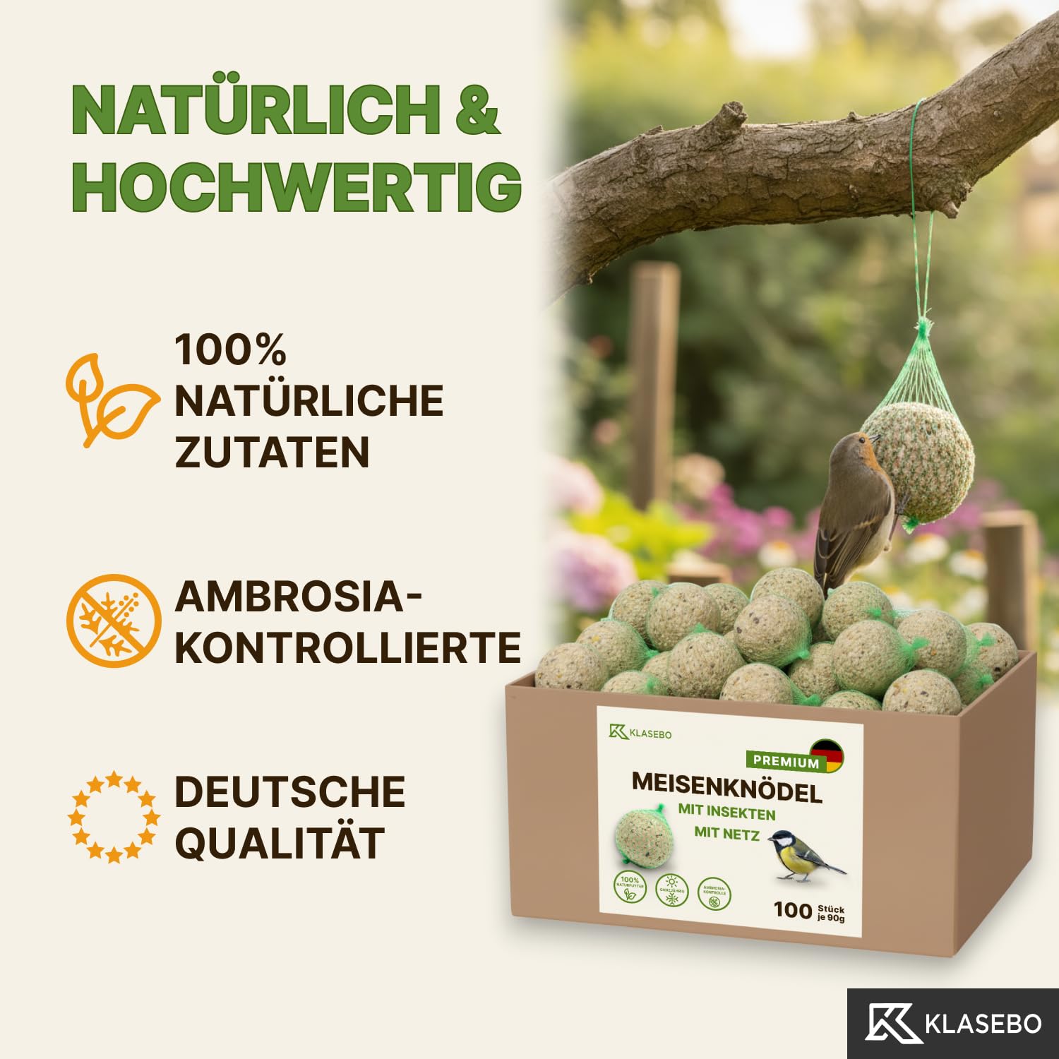 Premium Meisenknödel mit Insekten, 100 Stück (9kg) – Ganzjähriges Wildvogelfutter im Netz, Natürliche Zutaten, Ganzjährige Fütterung, Körnerfresser Delikatesse