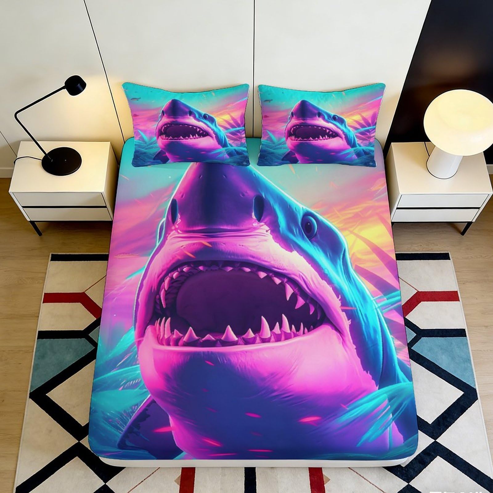 3D Printed Neon Shark Fitted Sheet Microfiber Soft Breathable Ocean Predator Bed Cover for Bedroom Dormitory Guest Room Mattress Protection 160x200x25cm