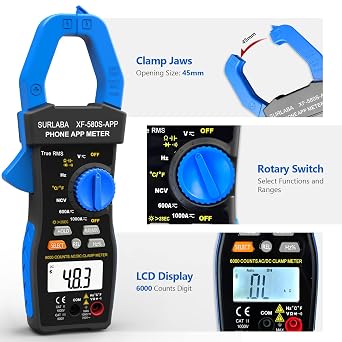 Bluetooth Clamp Meter, Digital Multimeter AC DC TRMS 6000Count, Voltage Current Tester APP Supported, Auto Range NCV Volt Amp Capacitance Resistance Temperature Continuity Diode Frequency Test