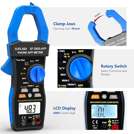 Bluetooth Clamp Meter, Digital Multimeter AC DC TRMS 6000Count, Voltage Current Tester APP Supported, Auto Range NCV Volt Amp Capacitance Resistance Temperature Continuity Diode Frequency Test