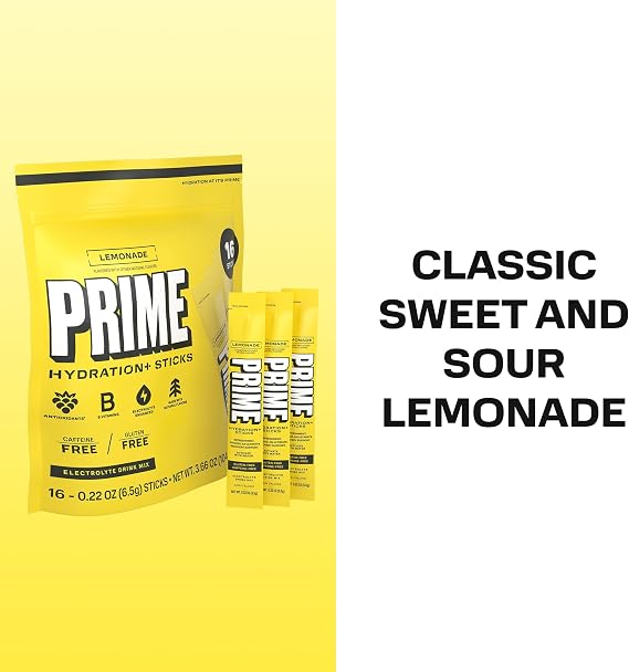 PRIME HYDRATION+ Electrolyte Powder Sticks, Lemonade, Sugar Free Hydration Drink Mix with Potassium, Magnesium & B Vitamins to Replenish Fluids, Caffeine Free, 16 Count