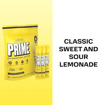 PRIME HYDRATION+ Electrolyte Powder Sticks, Lemonade, Sugar Free Hydration Drink Mix with Potassium, Magnesium & B Vitamins to Replenish Fluids, Caffeine Free, 16 Count
