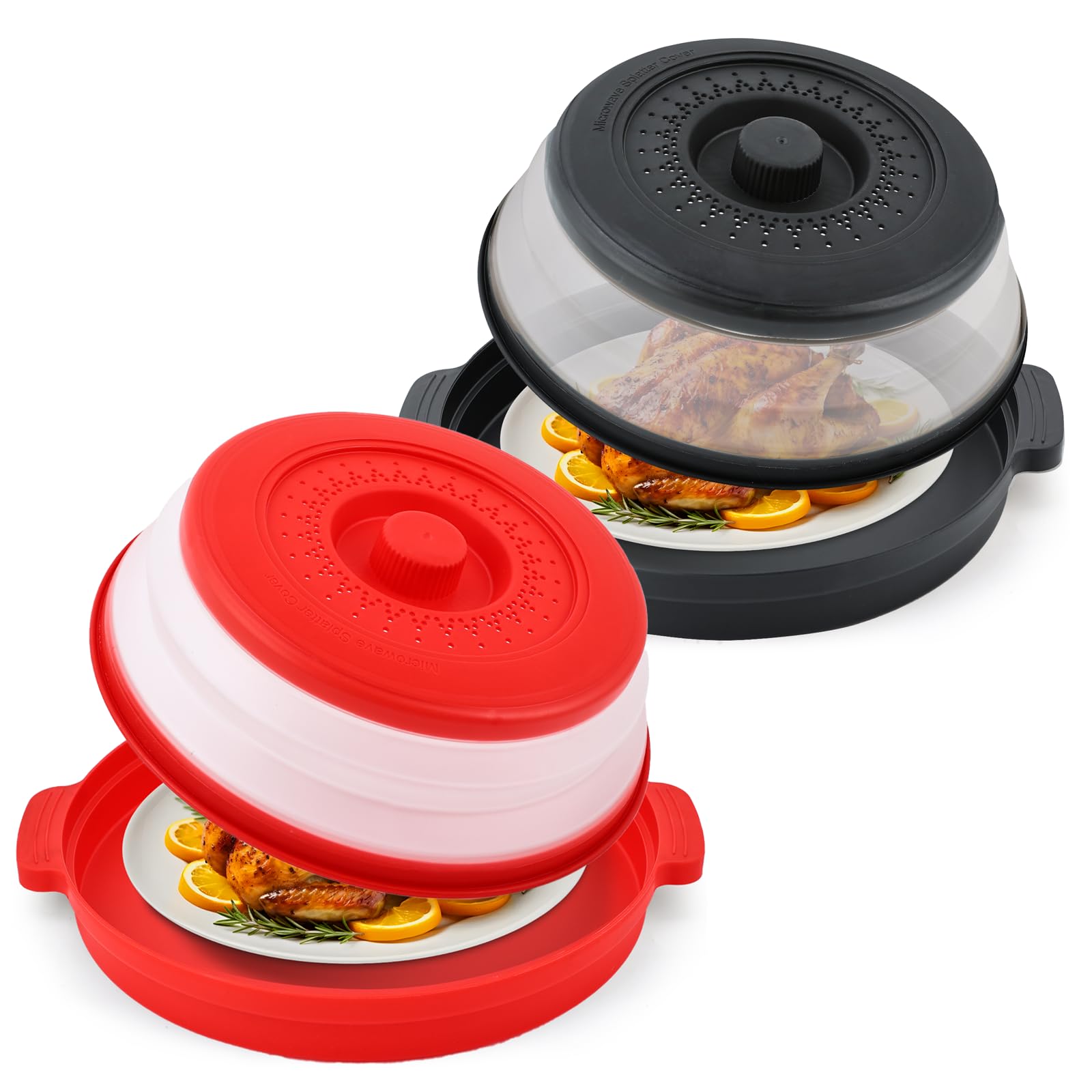 Microwave Splatter Cover for Food with Anti-scald Base Plate,Large Plastic &amp; Silicone Vented Avoid Scalding Collapsible Guard Lid, Plate Holder &amp; Kitchen Colander for Meal Prep-10.7 Inch (2 Pcs BRed)