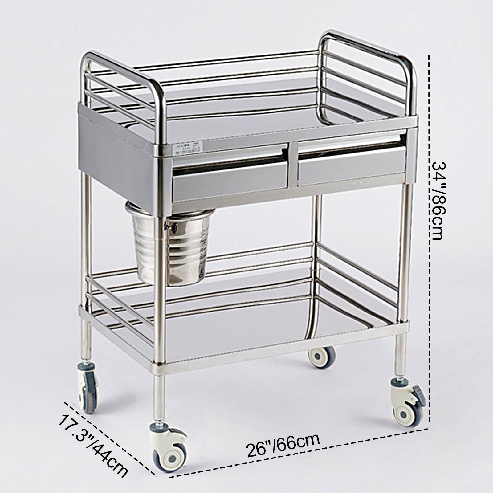 BREZO 2 Layers Medical Cart, Stainless Steel Cart, Lab Utility Cart with 360 Silent Wheels and a Drawer for Lab, for Lab, Clinic, Kitchen, Salon (Color : Double Drawer)