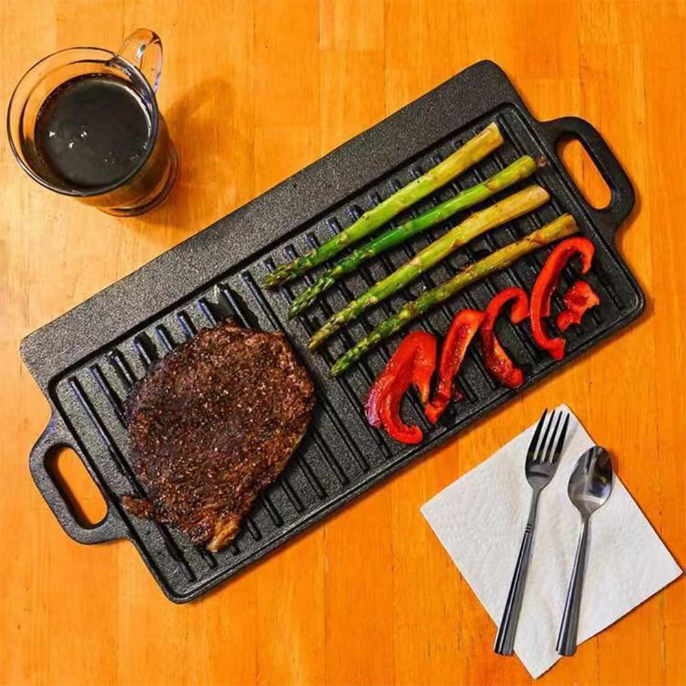 Griglia rettangolare reversibile in ghisa, piastra in ghisa, bifacciale con doppi manici, piastra per barbecue, campeggio, giardino