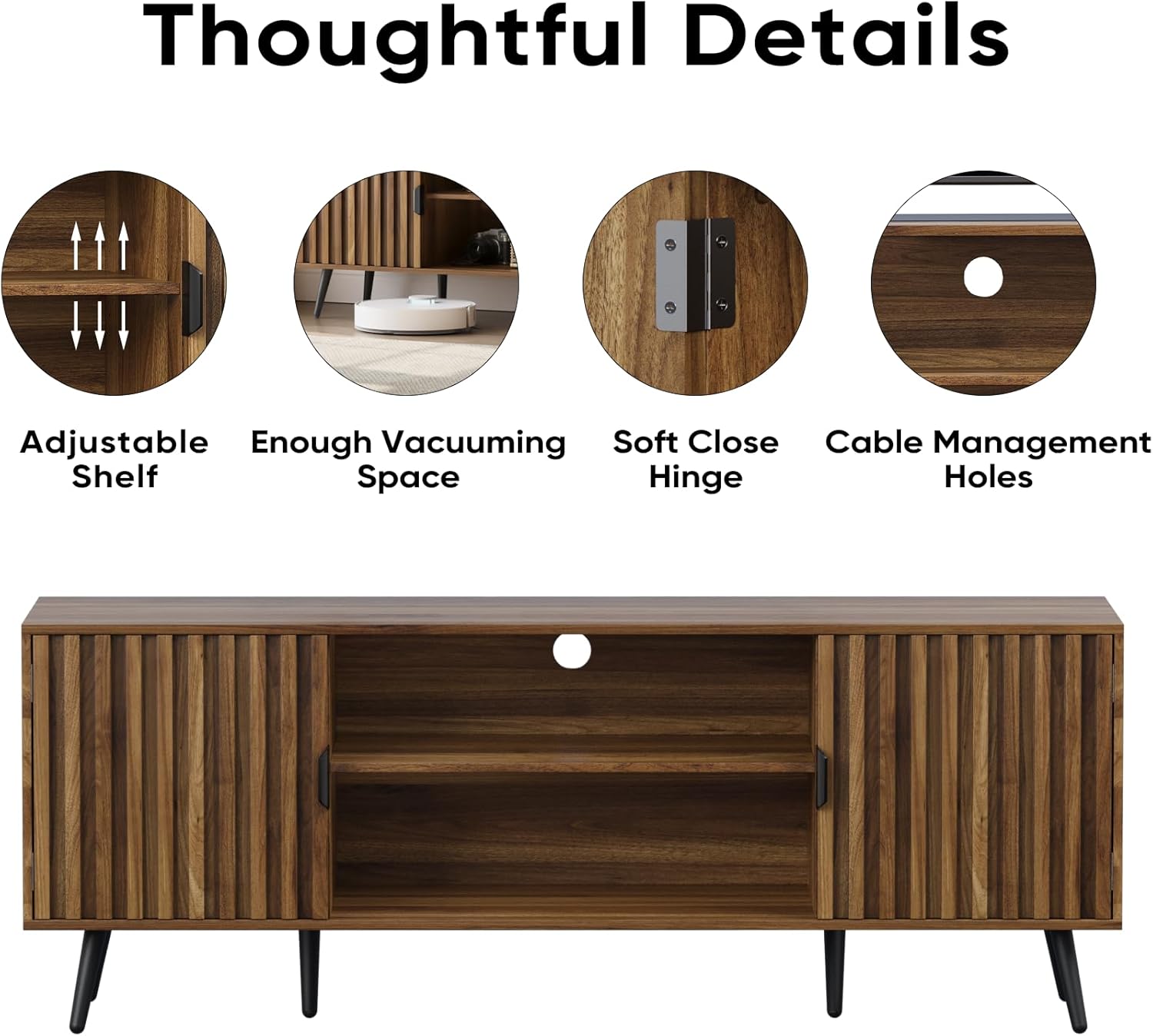 Semiocthome Walnut Fluted TV Stand for 60 70 inch TV, Mid Century Modern TV Stand with Adjustable Shelf, Entertainment Center with 2 Storage Cabinet, TV and Media Consol for Living Room